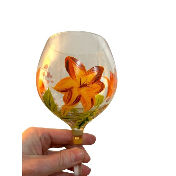 Vtg Hand Painted Coordinating Floral Wine Glasses Goblets Set Of 2 - Picture 3 of 8